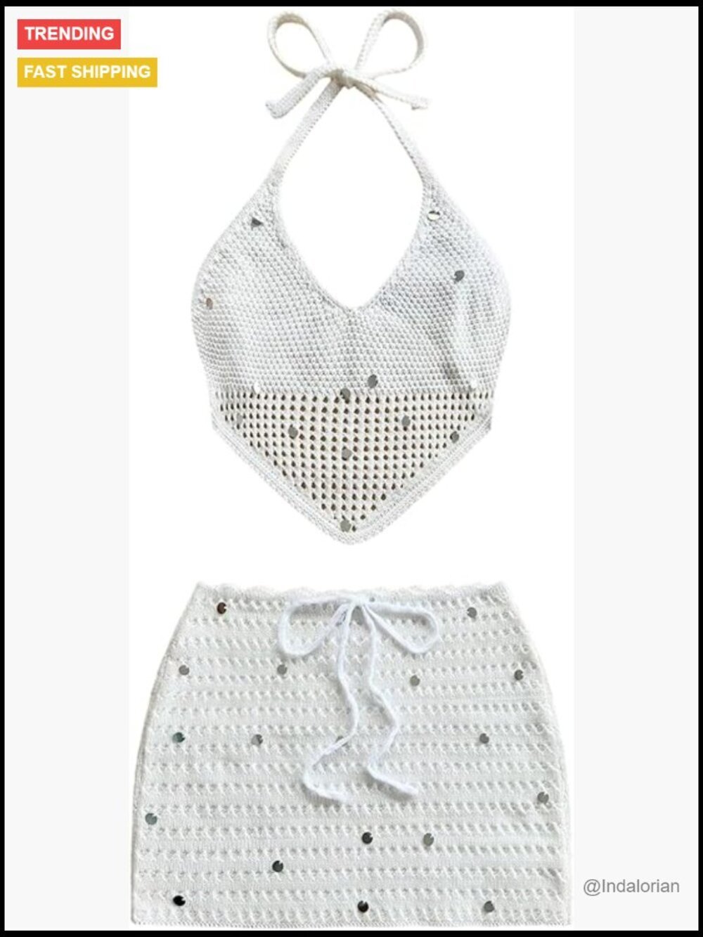 Crochet Sequin Halter Top & Mini Skirt Two Piece Set